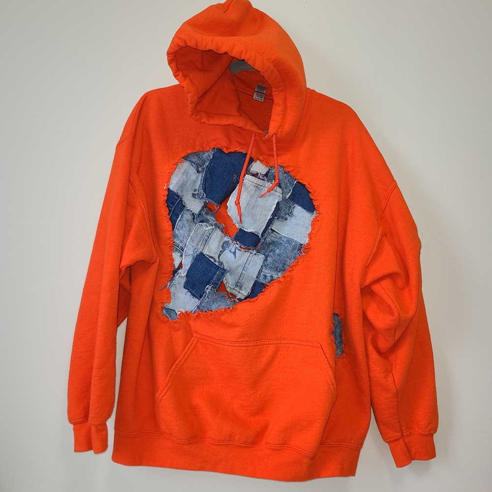 Gildan Orange Hoodie with Blue Patchwork Heart